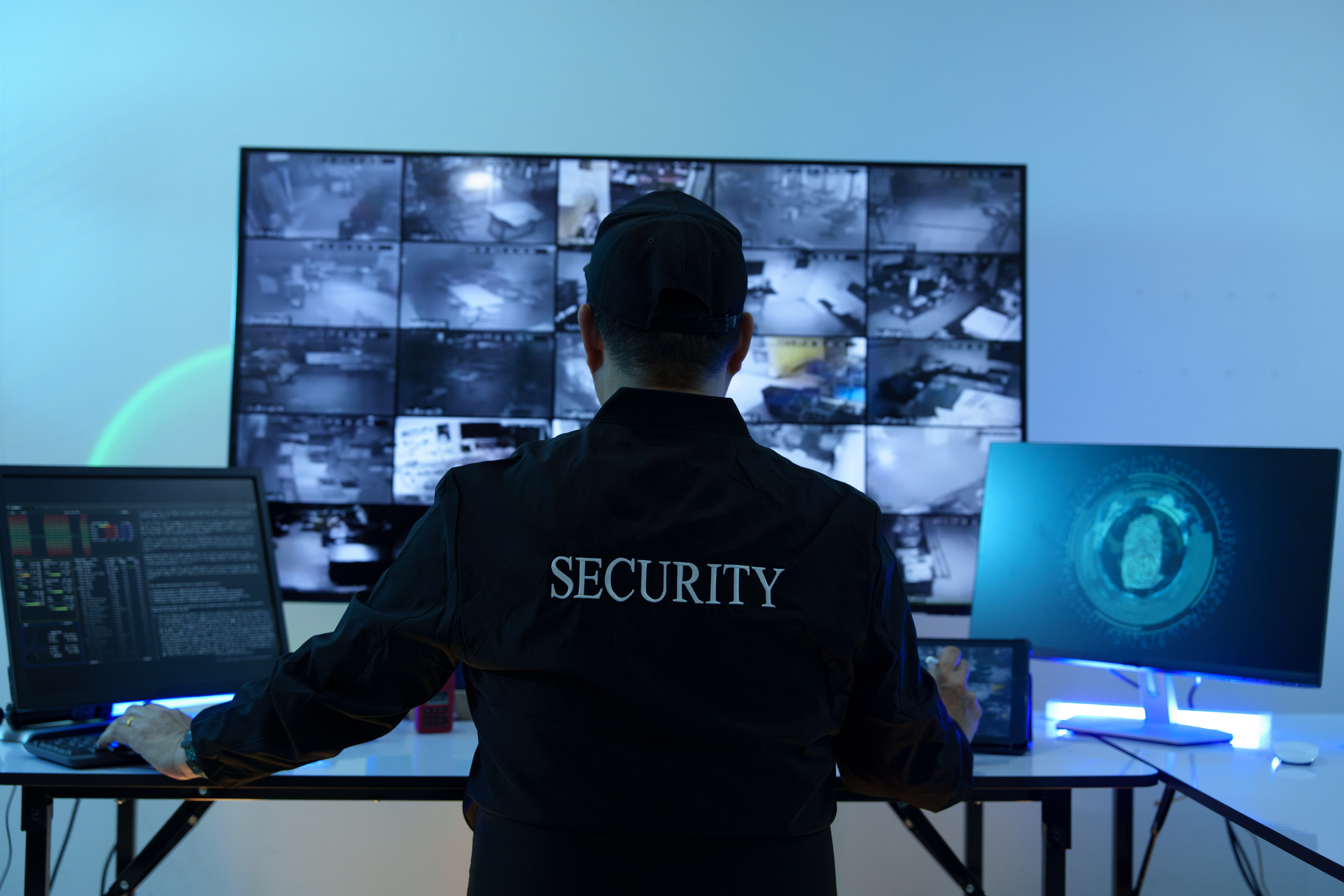 Security officers are checking the TV screen of the CCTV system.